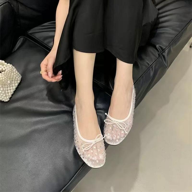 Fashion Bling Rhinestone Mesh Ballet Flats for Women Fashion Round Toe Bowknot Breathable Mary Jane Shoes Elegant Dress Flat Sandals