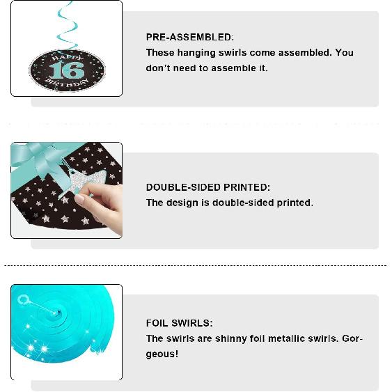 Happy 16th Birthday Party Hanging Swirls Streams Ceiling Decorations, Celebration Sweet 16 Foil Hanging Swirls with Cutouts for 16 Years Teal Silver