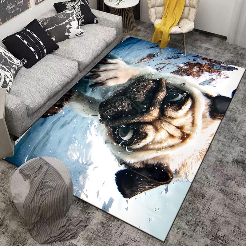 Swimming Pug Underwater Art suitable as a non-slip mat for the living room or bedroom sofa