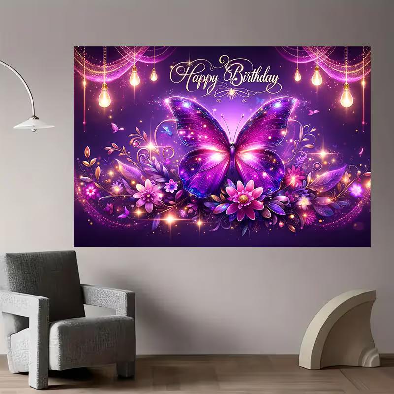 2D Glowing Butterfly Birthday Backdrop Purple Sparkle Floral Party Photo Booth Prop