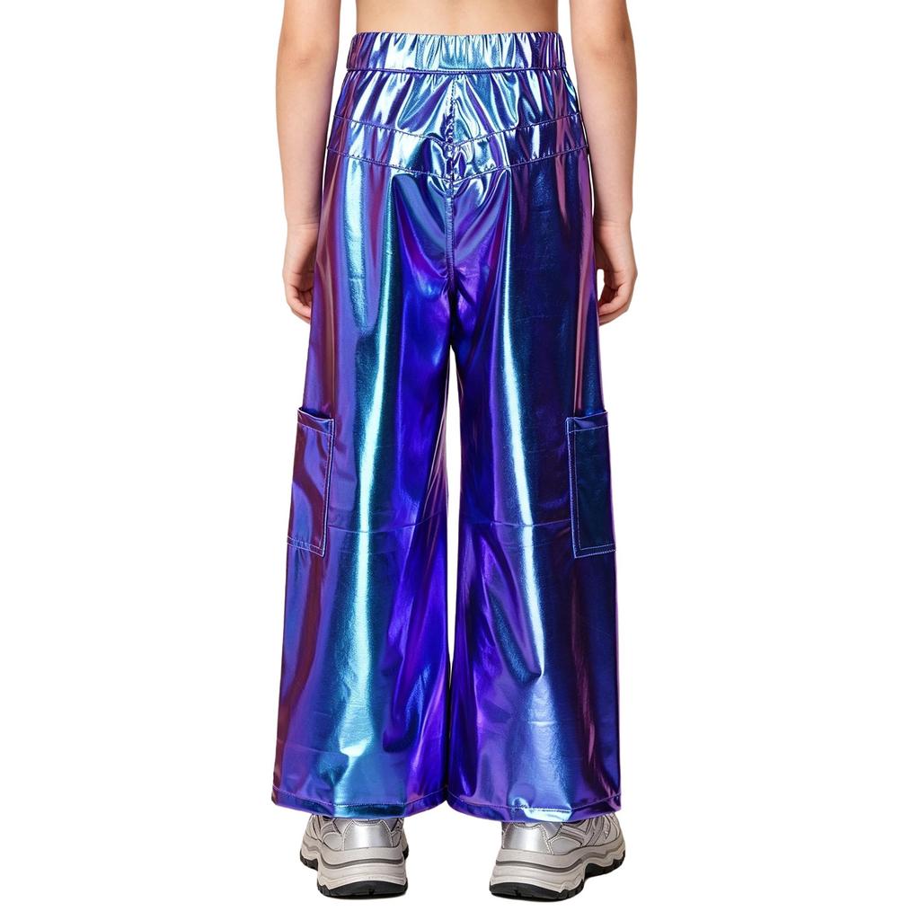 High Waist Press Button Wide-leg Cargo Pants Metallic Finish Multi-pocket Trousers for Kids Girls Hip Hop Dance Performance