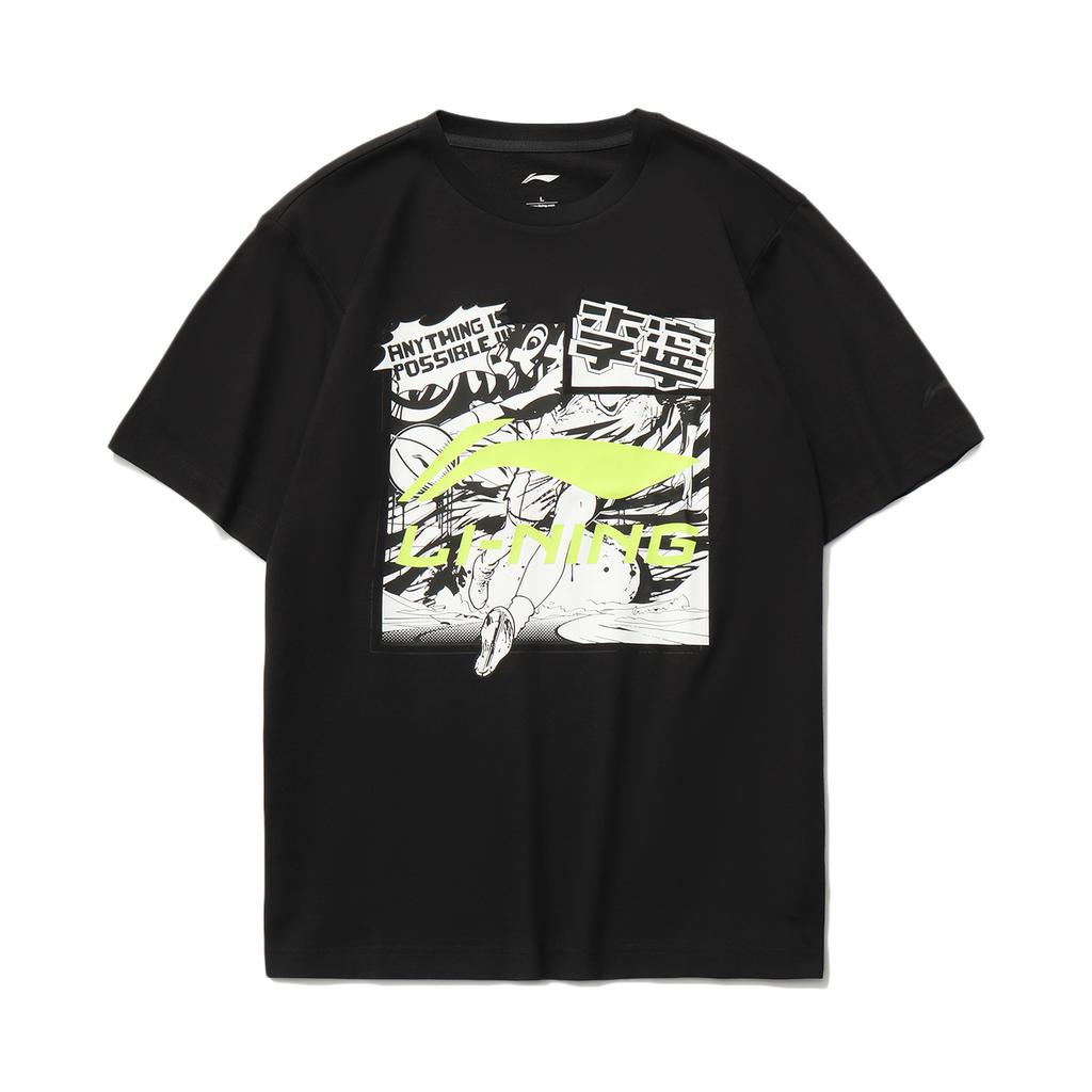 Li-Ning Футболка с коротким рукавом из хлопка с рисунком из мультфильма, тонкая, быстросохнущая, повседневная, спортивный костюм, мужские топы, черная, AHSR401-2+AYKT413-1