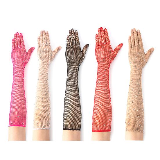 Long Rhinestone Fishnet Gloves for Women Sparkly Mesh Elbow Length Gloves for Rave Party Halloween Wedding Costume Accessories