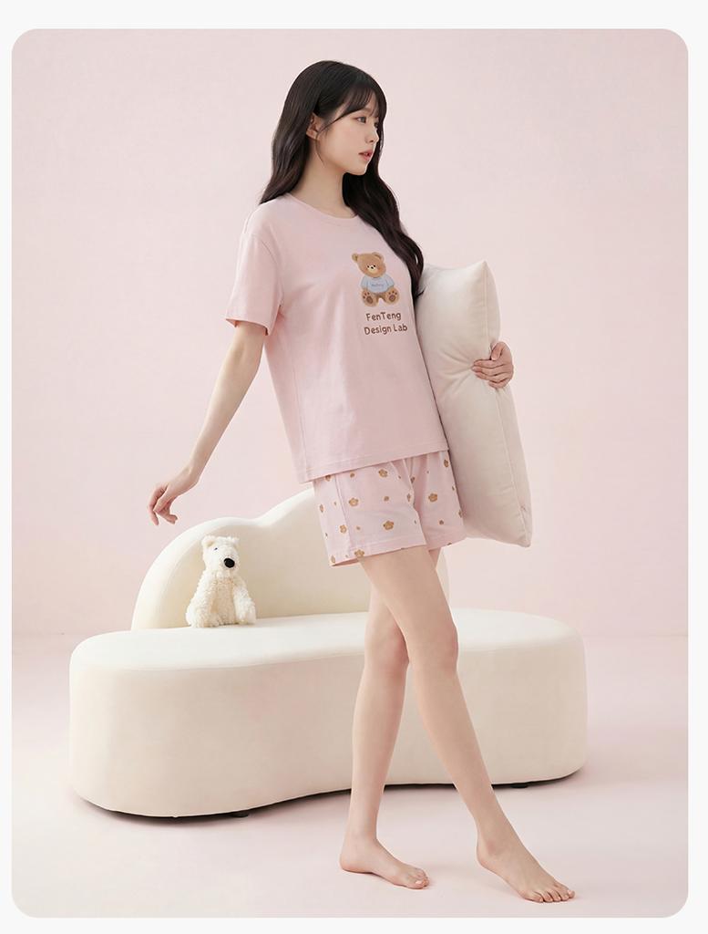 Fenteng [Soft Xinjiang Cotton] 26 Spring/Summer New Round Neck Bear Wearing Short Sleeve Home Clothes Set Women's Pajamas