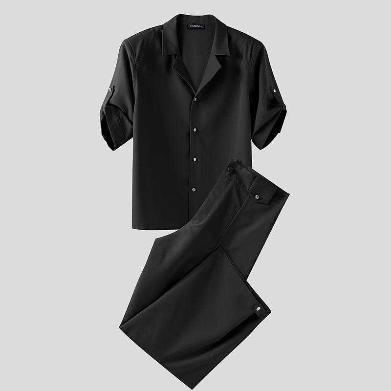 INCERUN 2PCS Men Outfits Lapel Neck Short Sleeve Buttons Shirt Long Straight Pants Sets