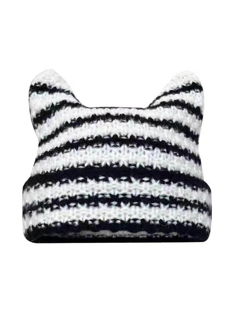 Новая японская уличная одежда Harajuku Beanie Little Devil полосатая вязаная шапка для женщин и девочек осень-зима милая шапка с кошачьими ушками