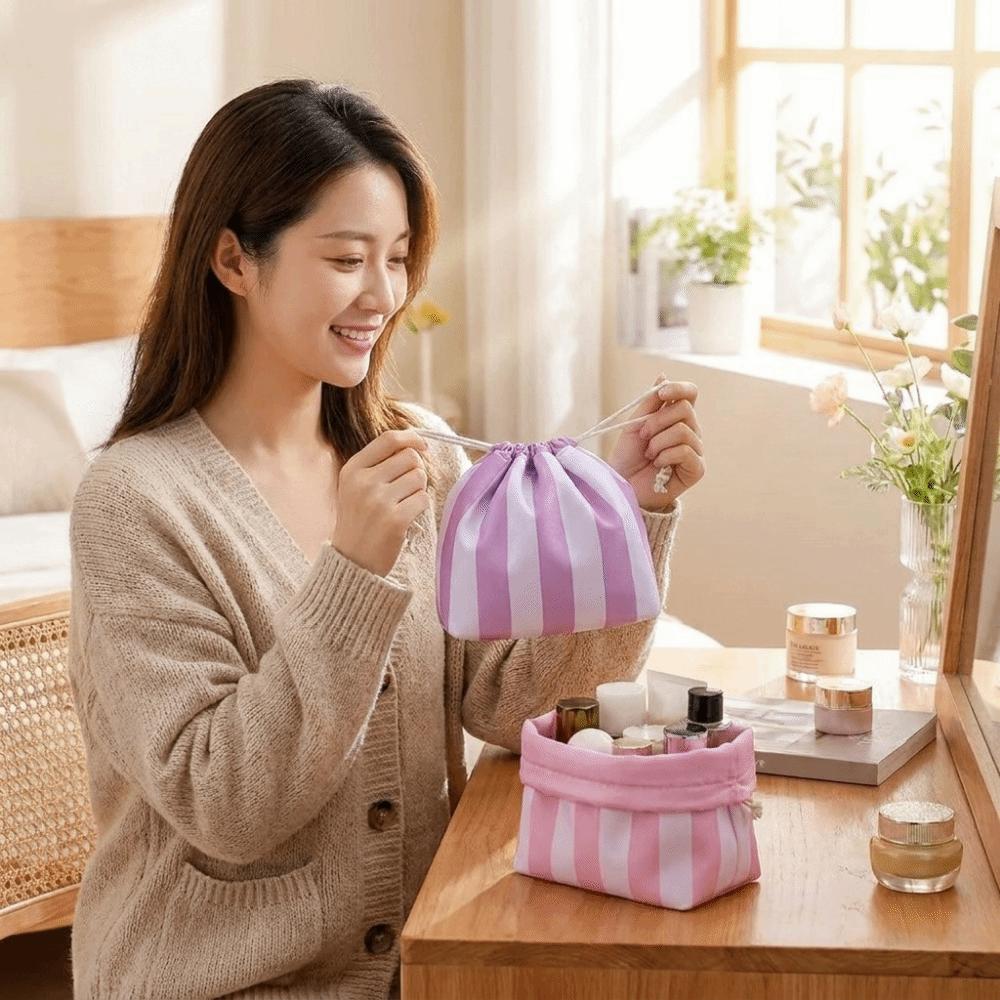 Portable Makeup Bag Organize Large Capacity Striped Cosmetic Organizer Women