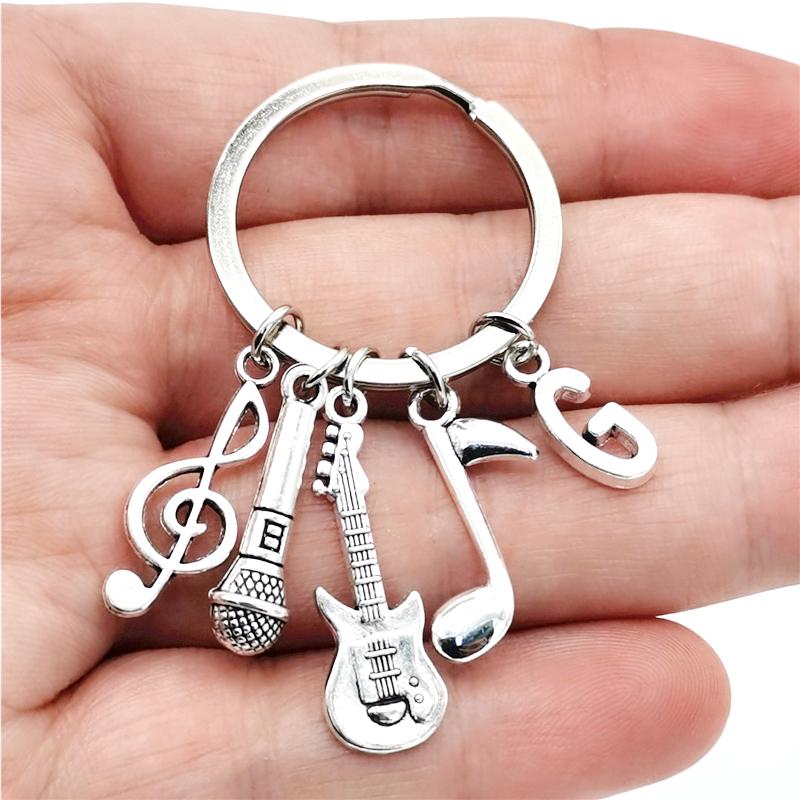 26 Letters Music Keychain Music Note Guitar Pendant Key Chain Microphone Keyring Creative Jewelry Gifts