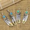 S925 Sterling Silver Vintage Thai Silver Jewelry Feather Inlaid Turquoise Pendant for Men and Women