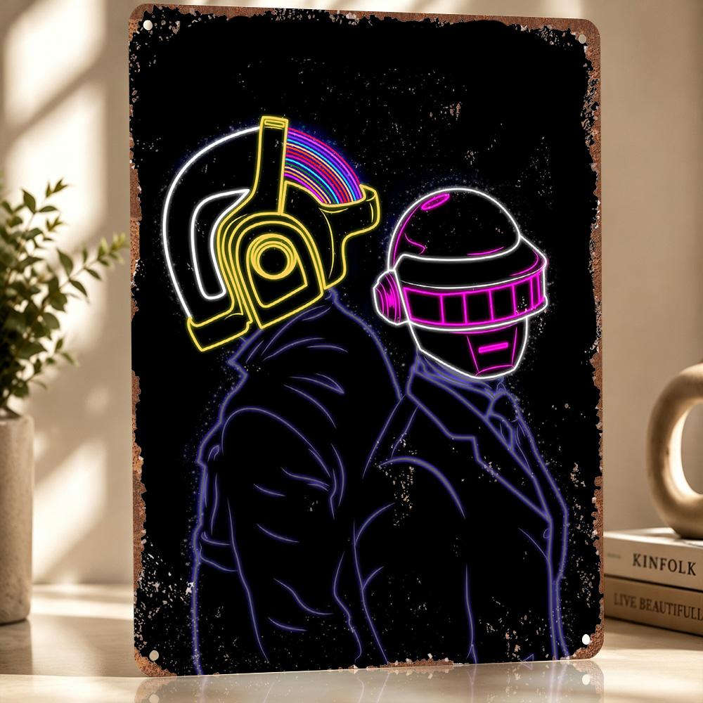 Daft Punk Neon Silhouette Personalized D Textured Metal Poster Wall Art Vintage Tin Signs for Living Room Decoration Items Home