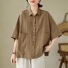 Women's Summer Cotton Linen Blouse Top Literary Loose Solid Color Polo Collar 3/4 Sleeve Shirt