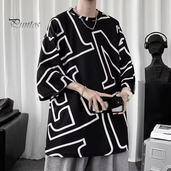 Летняя мужская футболка с круглым вырезом средней длины, соответствующий цвету с буквенным принтом, ледяной шелк, пуловер с короткими рукавами, свободная уличная одежда, молодежный топ для подростков