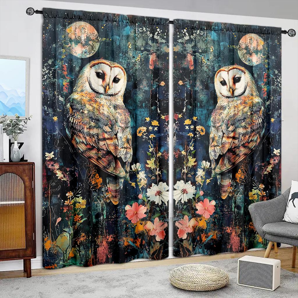 2pcs Retro Owl Oil Painting Printed Curtain for Home Decor - Rod Pocket Window Treatment for Bedroom, Office, Kitchen
