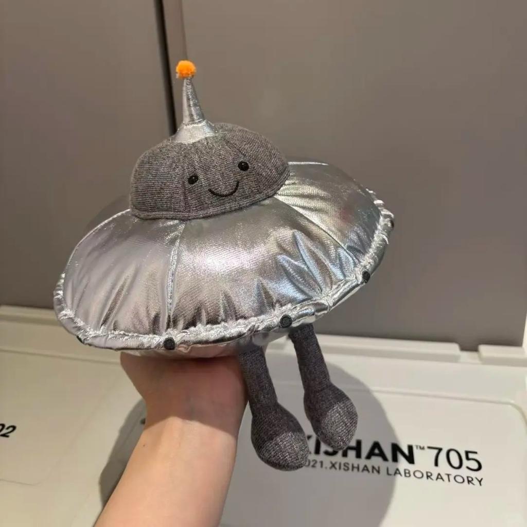 Cute Space Plush Toy Smiling Green Alien Silver UFO Soft Stuffed Extraterrestrial Dolls Adorable Gift for Sci-Fi Fans Home Decor