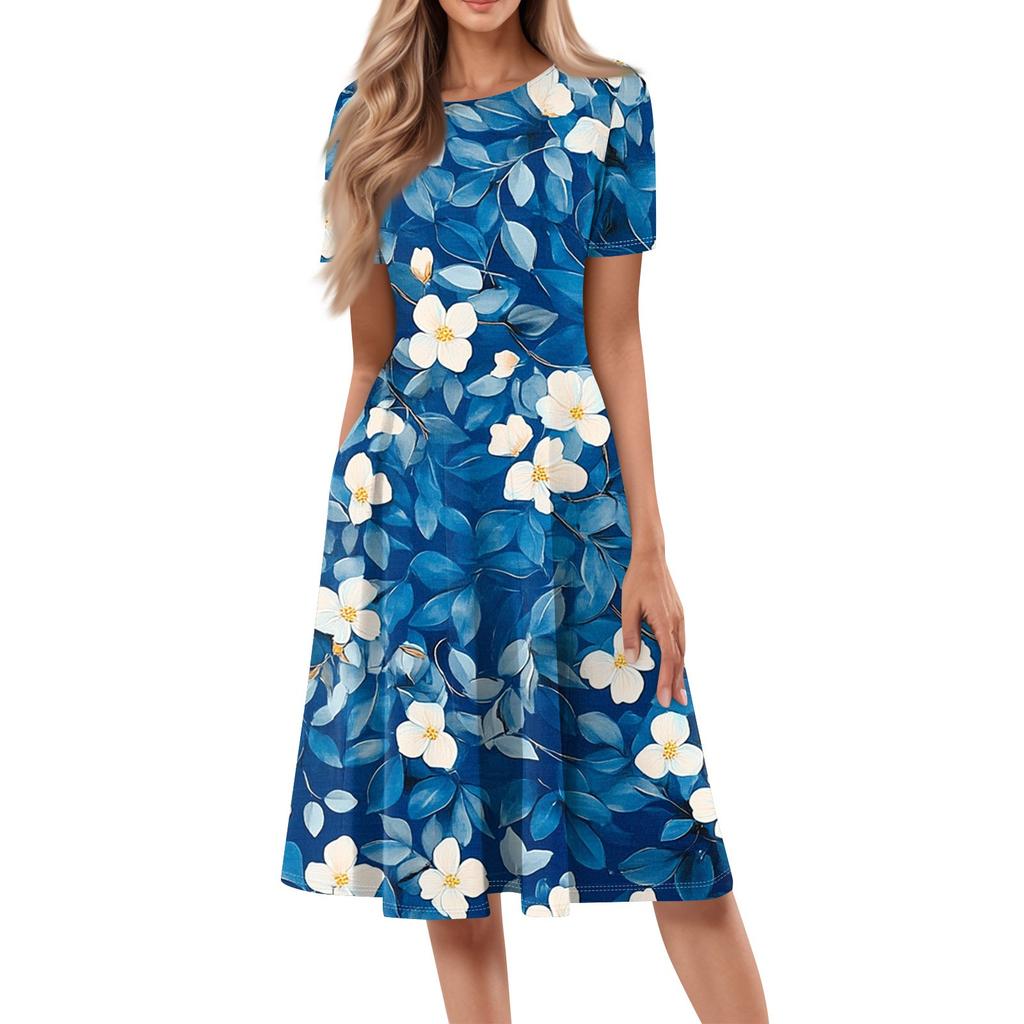 Женское свободное повседневное и модное платье с круглым вырезом и короткими рукавами, средней длины с принтом