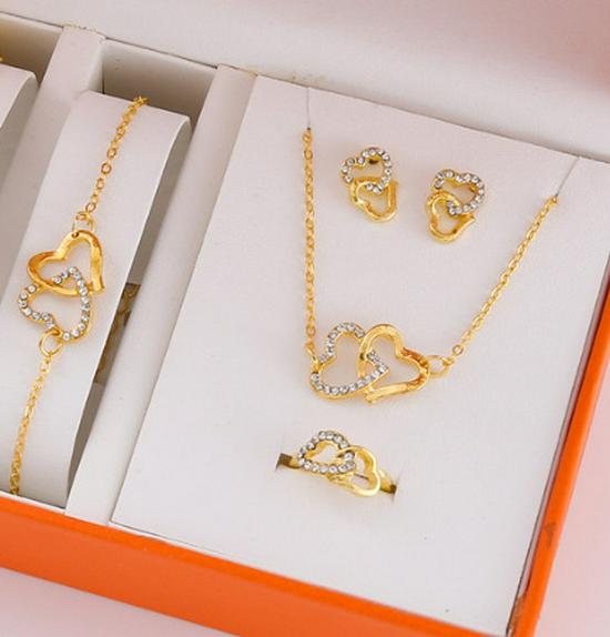 2024 Elegant European-American Double Heart Bridal Necklace Set - Light Luxury Jewelry Four-Piece