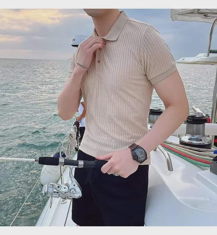 Мужское летнее поло с короткими рукавами из шелка Ice Silk в полоску 2024 года — дышащее и универсальное