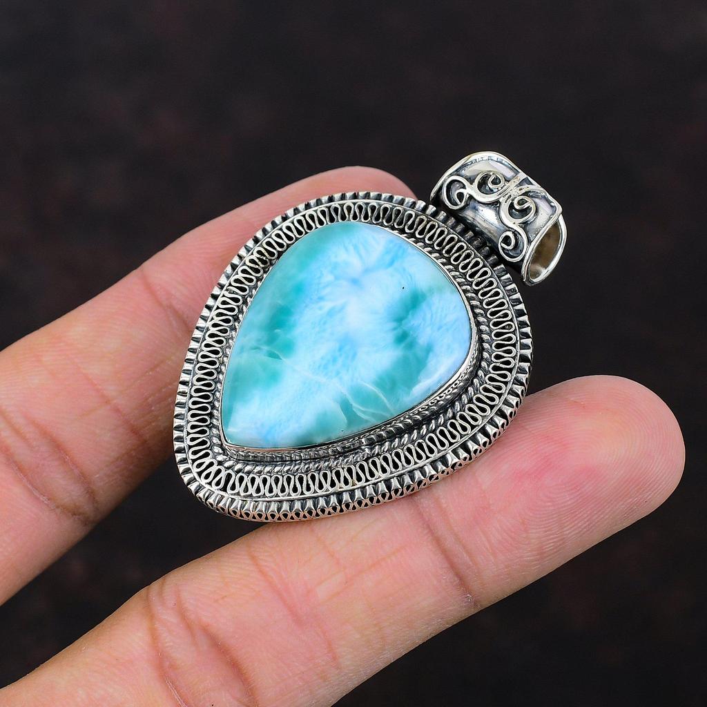 Кулон Ларимар Ювелирные изделия из драгоценных камней Винтажный кулон Стерлингового серебра 925 пробы Ювелирные изделия Ларимар Кулон ручной работы Подарок для мамы Дизайнерский кулон