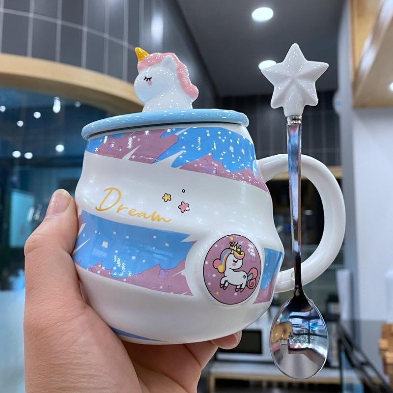 Кружка-единорог Радужная кружка Кофейная кружка с крышкой и ложкой Милая девичья кружка для питья дома Керамическая кружка