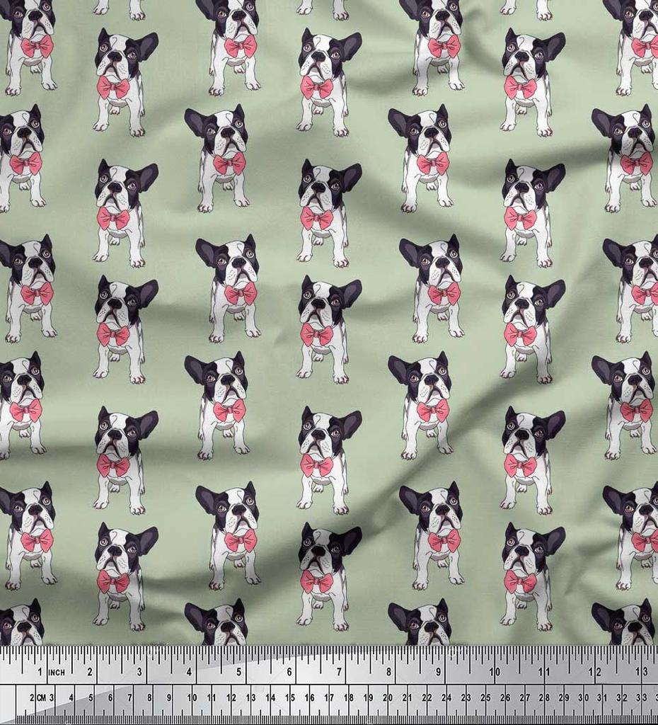 Soimoi Japan Crepe Satin Fabric Bow & Boston Terrier Dog Print Fabric by the Metre 42 Inch
