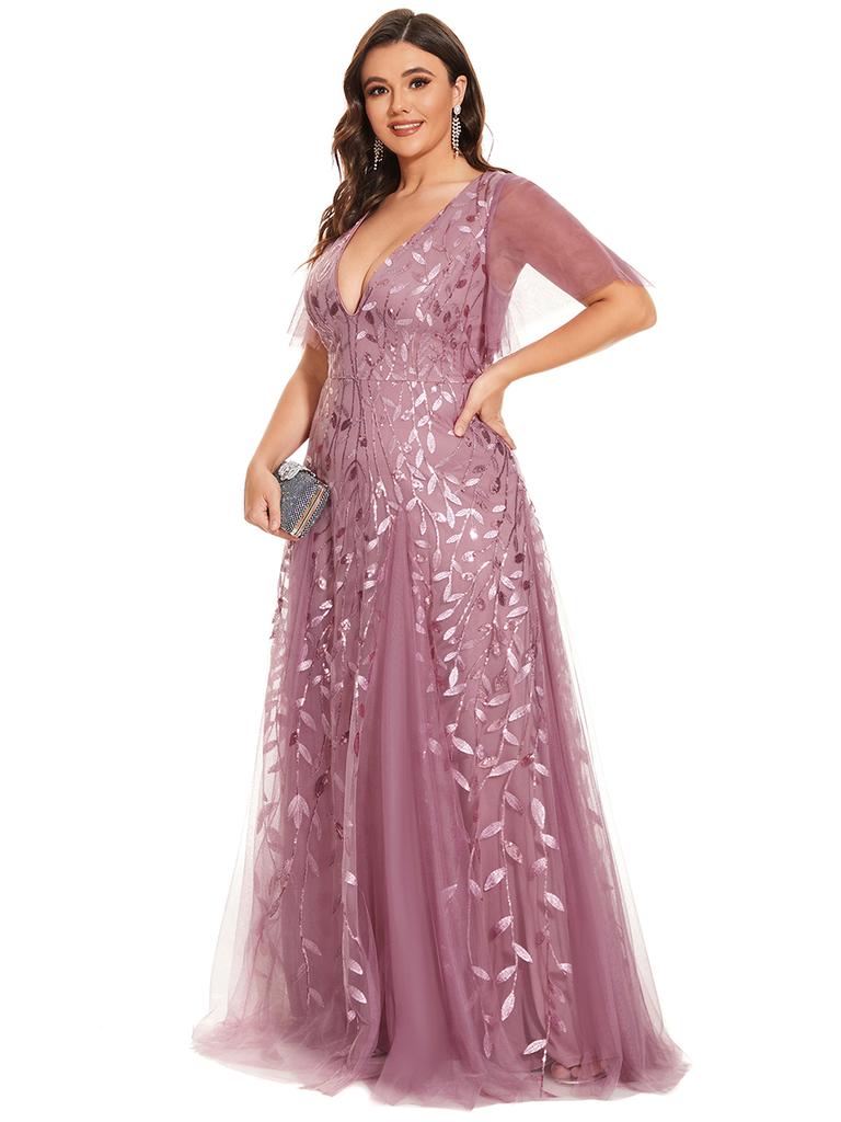 Ever-Pretty Womens Plus Size V Neck A Line Sequin Tulle Formal Dresses