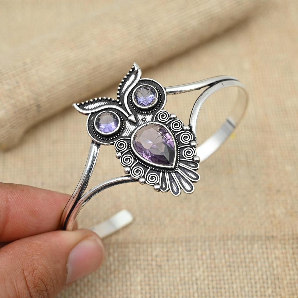Amethyst Gemstone 925 Sterling Silver Wedding Gift Bracelet Handmade Jewelry Cuff Adjustable
