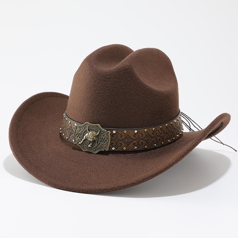 European and American retro western cowboy hat Tibetan big edge hat men's and women's jazz hat sunscreen riding hat cow head accessories top hat