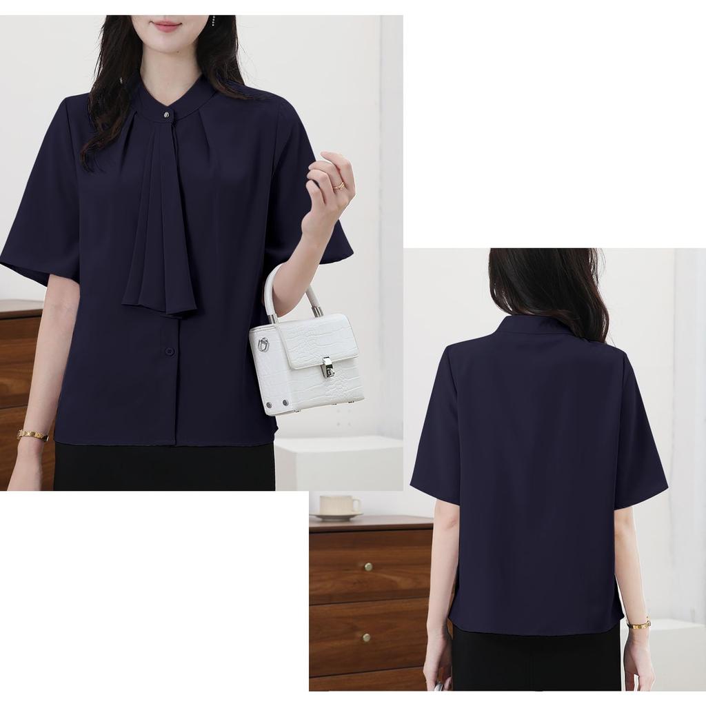 Рубашка Блузка для Короткого Тела Офисная Летняя [Yino] Женская, Рукав, Бант, Драпировка, Лента, Закрывающая, Стройнящая, Стильная, Аккуратная, Женственная, Взрослая, Милая,