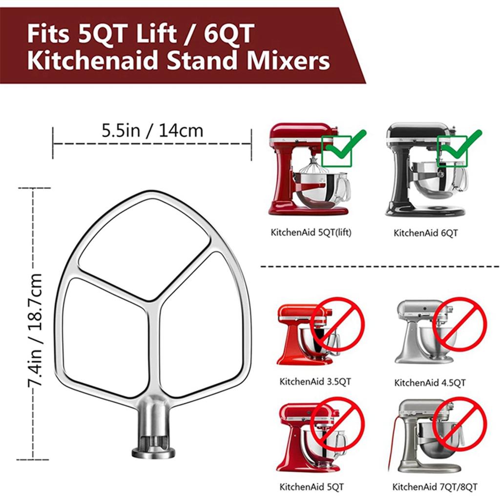 For KitchenAid 5QT-6QT Bowl Tilt-Head Stand Mixers Attachment Stainless Steel Flat Beater+ Spiral Dough Hook