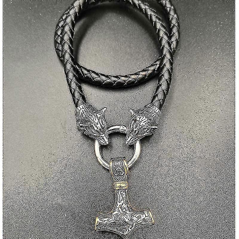 Stainless Steel Viking Wolf Head Doubles Color Thor S Hammer Pendant Leather Chain Men S Necklace Jewelry-50cm-style2 gold