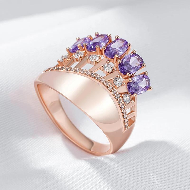 Роскошные женские большие кольца с фиолетовым цирконием, глянцевый золотой геометрический дизайн, винтажные украшения, свадебные вечерние аксессуары