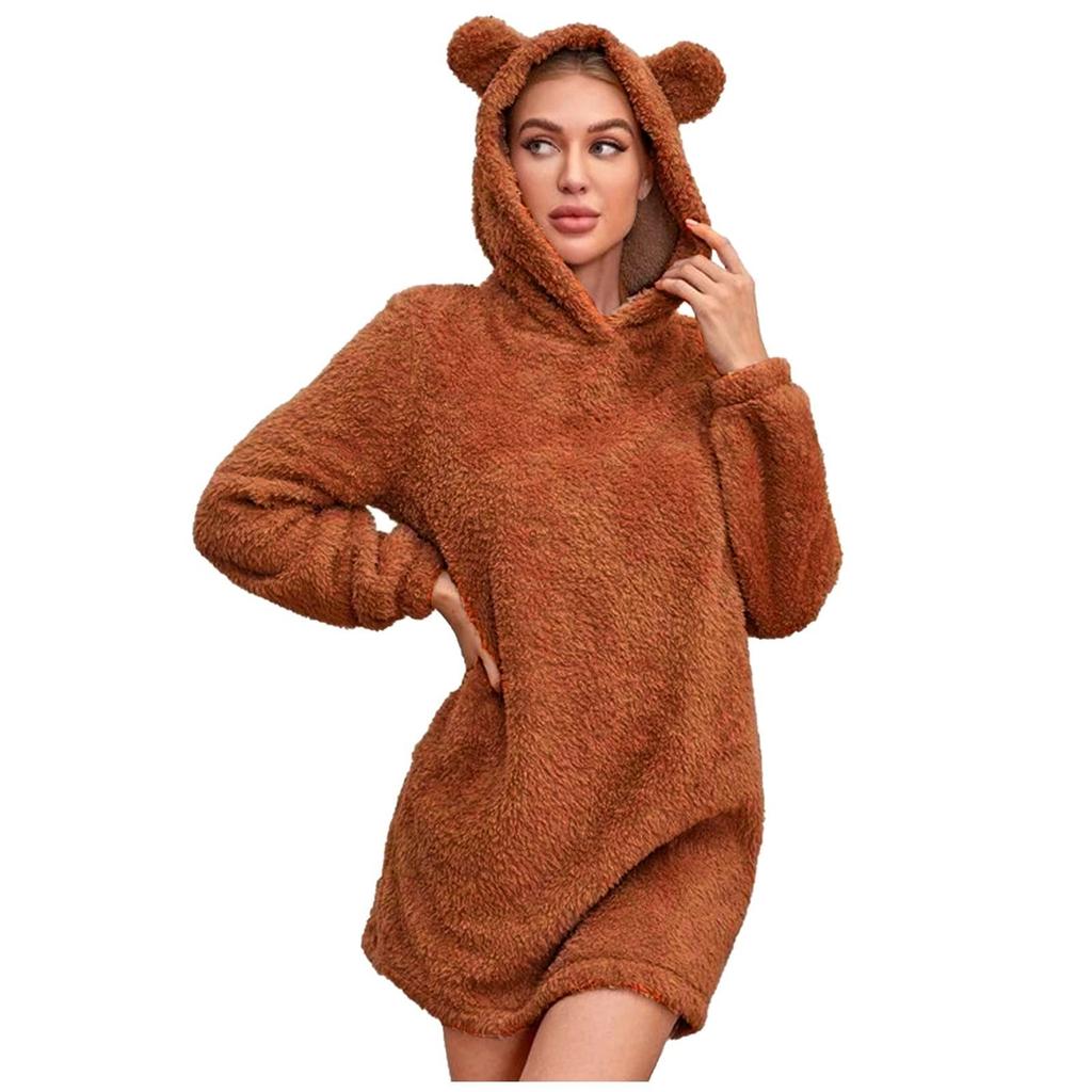 Women's Plush Hooded Casual Cute Bear Ears Pajama Dress