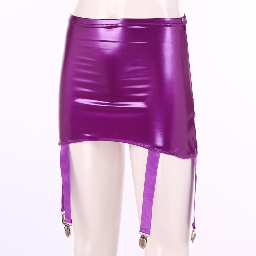 Womens Wet Look Patent Leather Garter Belt Skirt High Waist Suspenders with Metal Buckle Clips Plus Size