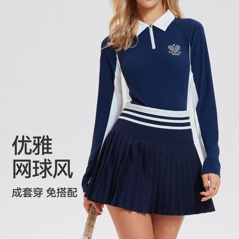 Womens Slim Fit Quick Dry Athletic Set Long Sleeve Top Tennis Skirt Running Yoga Fitness