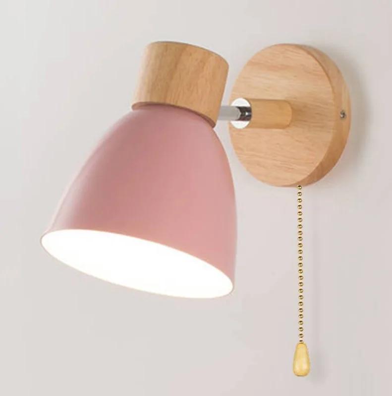 Nordic LED Wall Lamp With Switch Modern Iron Wall Light E27 Wooden Base For Bedroom Living Room Home Decor Fixture Macaroon Led