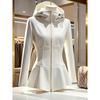 Ladies' Elegant White Stand Up Collar Hooded Jacket - Stretchy Medium Weight Jacket, Flared Skirt, Gold Zipper Design, Durable Zipper Closure