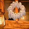 Handmade Lit Ghosts Wreath Halloween Ghost Garland with Lights Battery-Powered LED Light-Up White Spooky Garland Decoration
