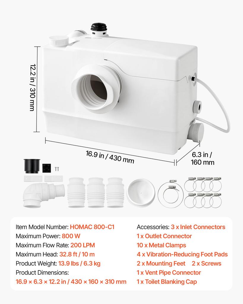 VEVOR Macerator Pump 800W 12000L/h Flow 32.8 ft/10 m Head Sewage Pump, Waste Water Disposal Upflush Machine with 4 Inlets, Macerating Toilet Sewerage