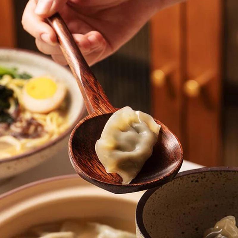 Деревянная ложка с длинной ручкой, ложка для супа рамен, половник, кухонная ложка для готовки, большая деревянная столовая ложка, посуда для японского ресторана