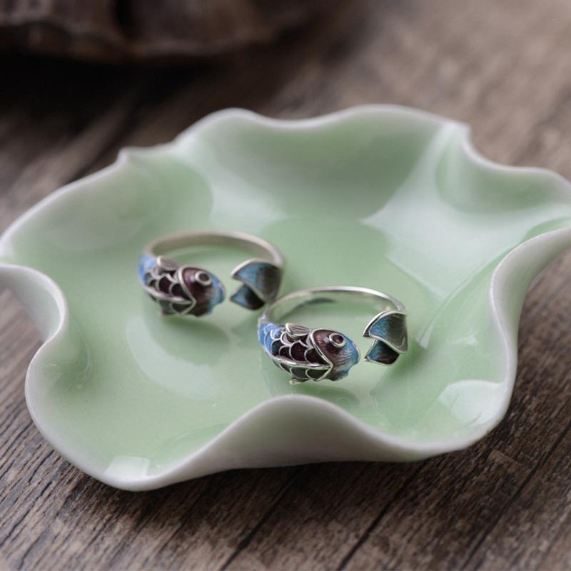 Simple Temperament Koi Ring, Enamel Creative Design Adjustable Ring, Ladies' White Auspicious Jewelry