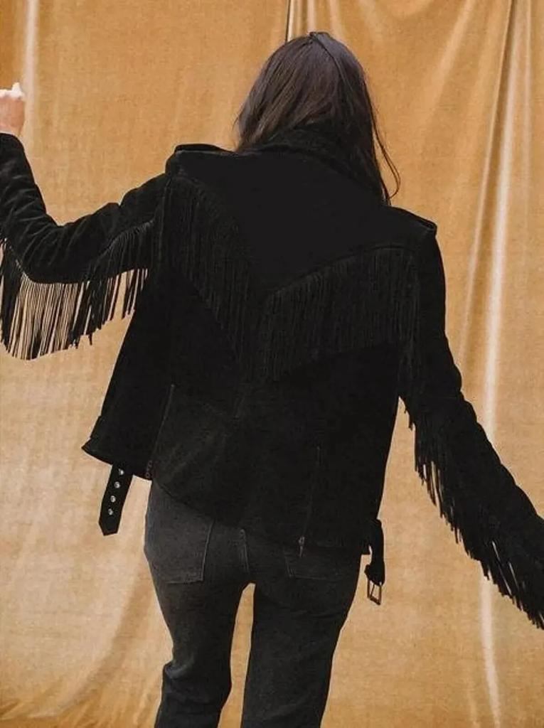 AL KHALID Куртка из натуральной кожи ягненка, черная, с бахромой, из замши, ручная работа