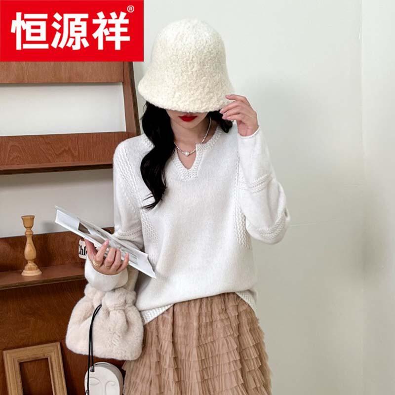 Hengyuanxiang Women's V-neck Thick Cashmere Sweater
