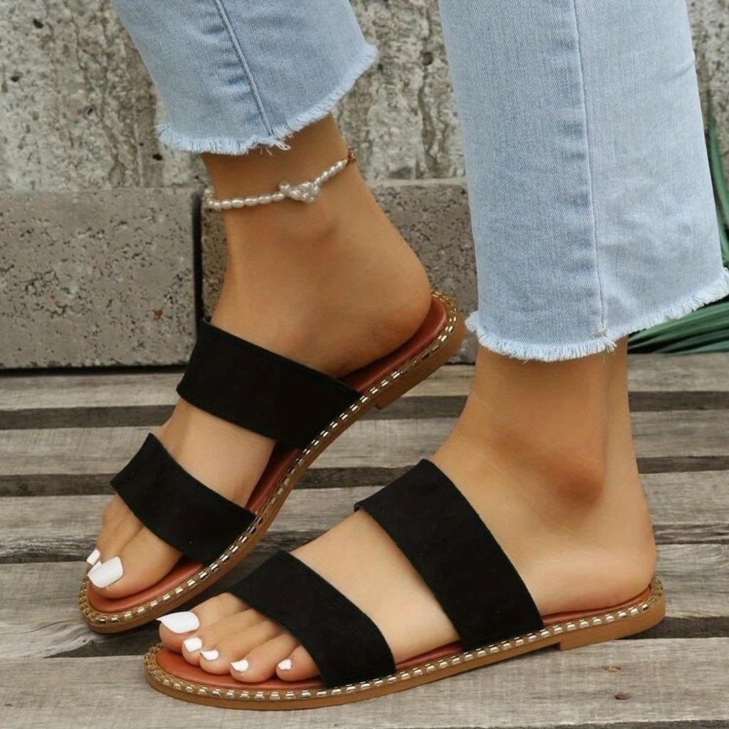 Женские шлепанцы на плоской подошве с двойным ремешком, противоскользящие туфли без шнуровки с круглым носком, универсальные пляжные шлепанцы на открытом воздухе