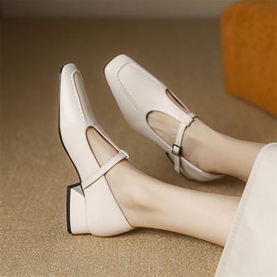 Женские туфли-лодочки Мэри Джейн с квадратным носком на толстом среднем каблуке и пряжкой с Т-образным шнурком, лаконичная женская модная повседневная обувь, весна-осень, черный 43