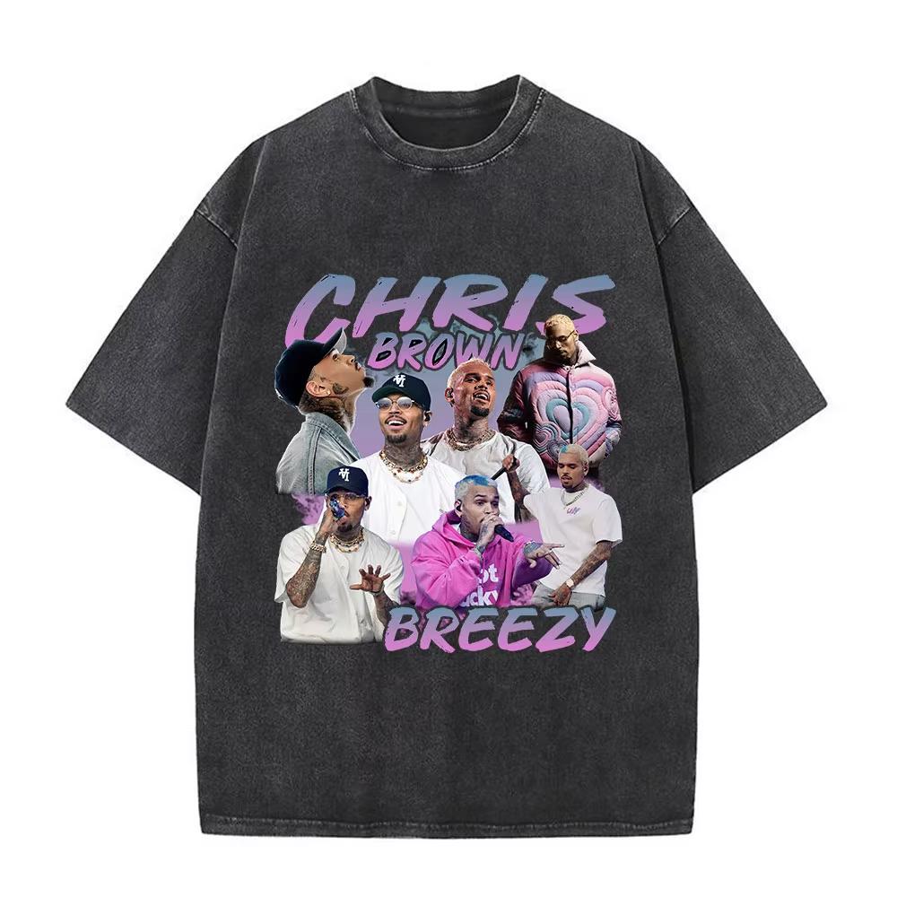 Футболка Chris Brown Breezy Футболка Breezy Bowl Тур XX Винтажные стираные футболки Мужская мода Хип-хоп Футболка с коротким рукавом Уличная мода