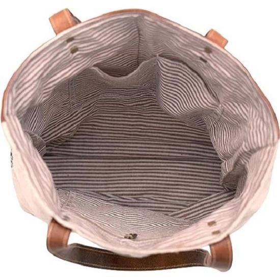 Let's Touch The Sky Leather Bags Bicycle Upcycled Canvas Tote Bag White Tan, Khaki, Brown