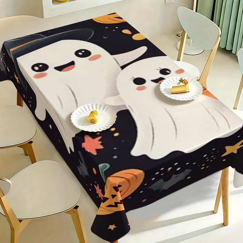 1pc Tablecloth Halloween Fun Theme, Cartoon Cute Ghost Pumpkin Star Bat Spider Web Playful Pattern, One Ghost Wearing Wizard Hat, Other Ghost Holding