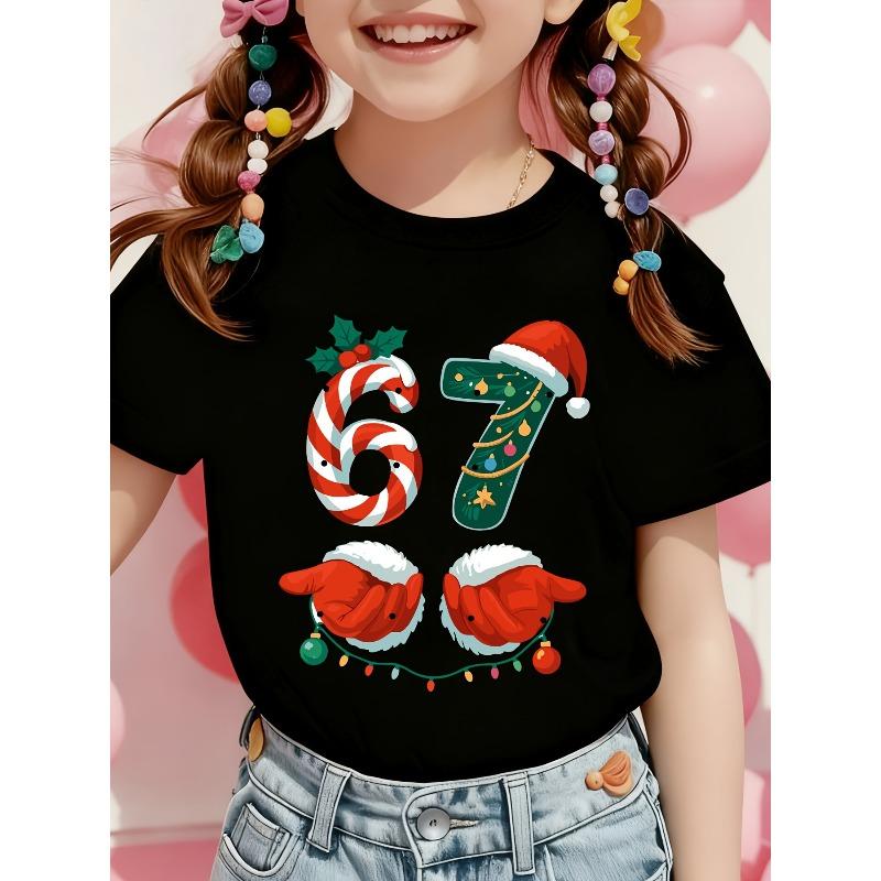European sizes Girls' Funny 6 7 67 Number Print T-Shirt with Santa Claus Design - Humorous Christmas & Everyday Kids Tee