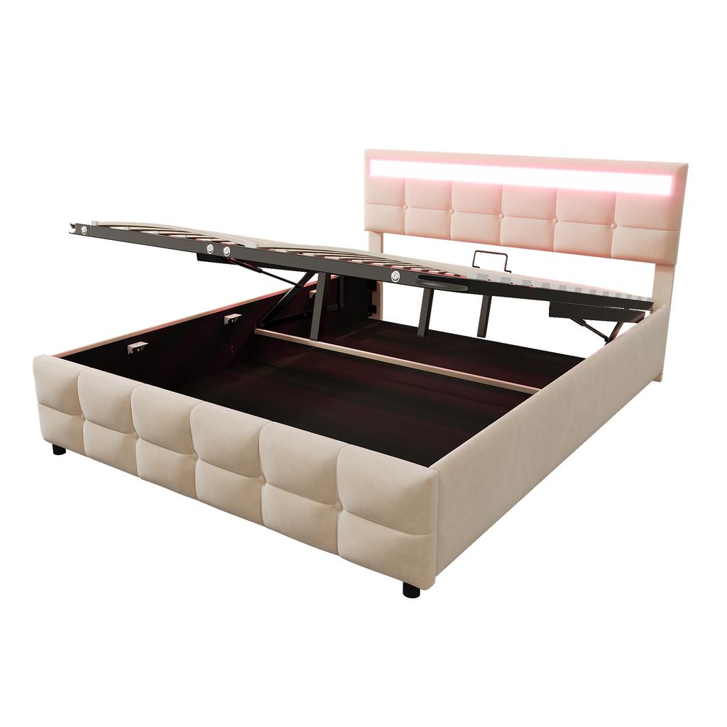 Upholstered Bed 180*200cm, LED Lights, Slatted Frame, Hydraulic Single Bed, Dutch Velvet Fabric, Beige