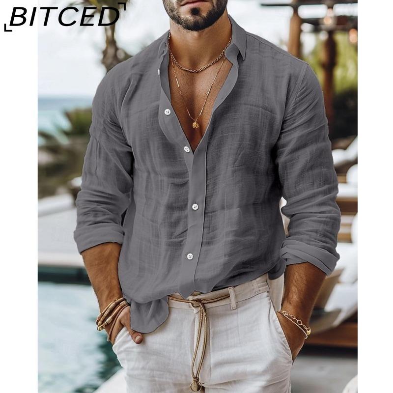 BITCED Мужская однотонная рубашка из смесовой хлопково-льняной ткани Повседневный стиль Рубашка с длинным рукавом Business Casual